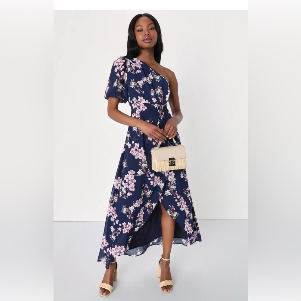 Lulus Sensational Perfection Navy Floral One-Shoulder High-Low Dress